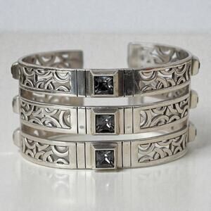 Brighton Bloc Haus Crystal Wide Cuff Bangle Bracelet Silver Plated Smoky